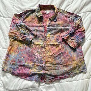 CJ Banks Womens Size 2X Shirt Top Blouse Pink 3/4 Sleeve Button Up V Neck Floral